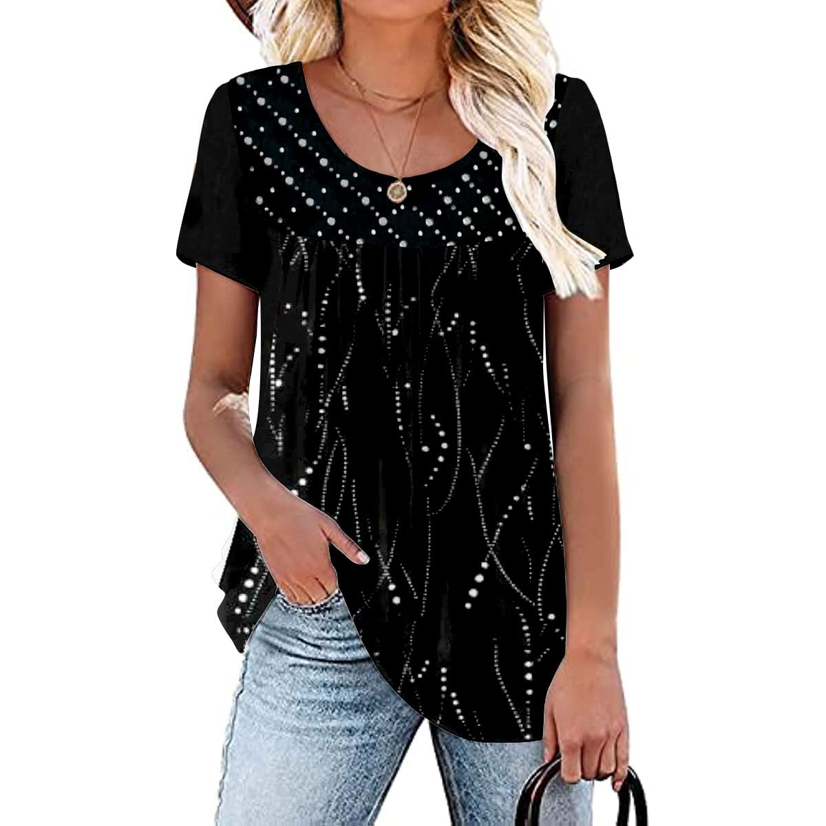 Rainoop Womens Summer Plus Size Tops Blouses Short Sleeve Shirts Lace Pleated Tunic Tops 3XL