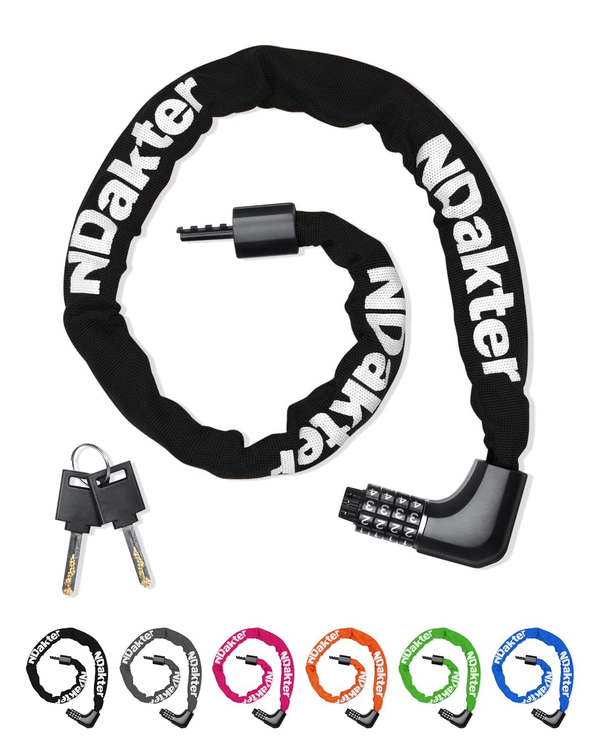 NDakter Bike Lock, Bike Chain Lock with 2 Ways to Unlock, 4 Digit Combination Heavy Duty Anti-Theft Bicycle Lock with 2 Keys, 4.28Ft High Security Scooter Locks for Ebike, Electric, Motorcycle, Door