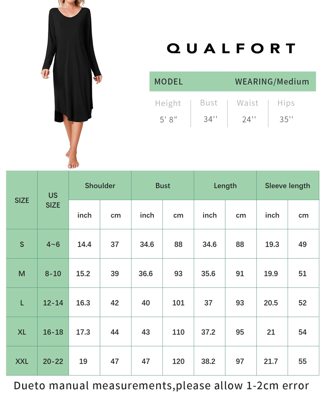 QUALFORT Womens Nightgowns Long Sleeve Nightgown V Neck Loungewear Side Slit Soft Nighdress B-black