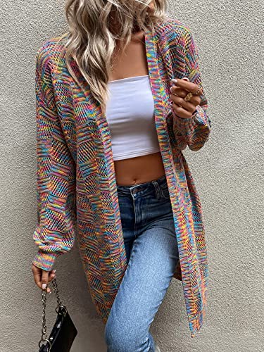 SweatyRocks Women's Color Block Long Sleeve Open Front Cardigan Sweater Knit Crop Top Colorful S