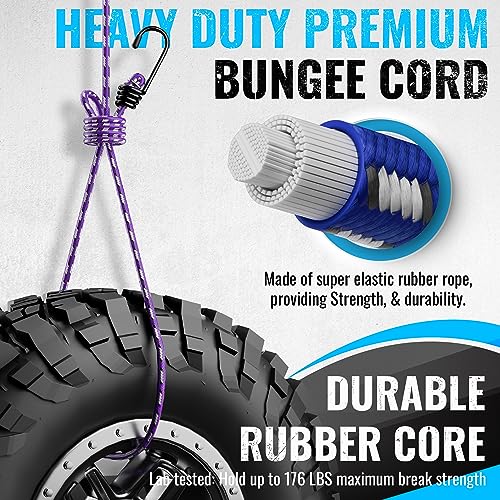 GOEASY0312 Premium Bungee Cords Heavy Duty - 17 Piece Bungee Cords with Hooks in A Storage Jar Includes 10", 18", 24", 30", 36", 48" Bungie Cord & Cargo Net Bundle