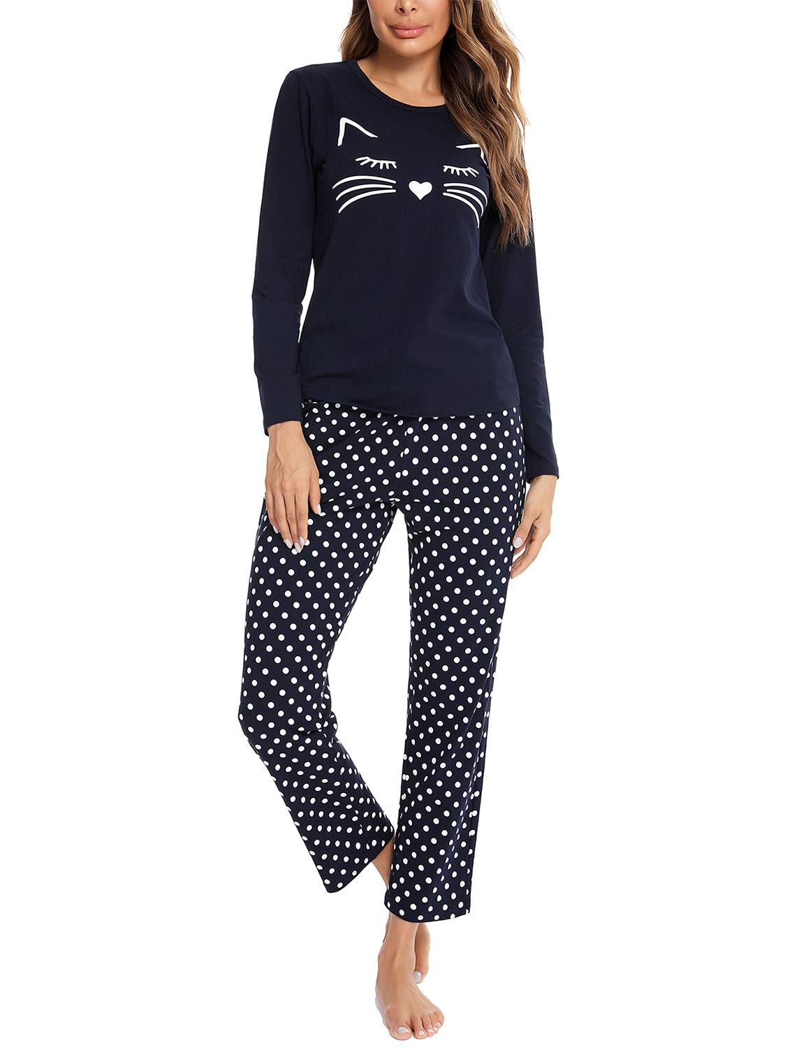EISHOPEER Women's Long Sleeve Cat Print Top and Polka Dot Pants Sleepwear Pajama Set Navy Blue XS