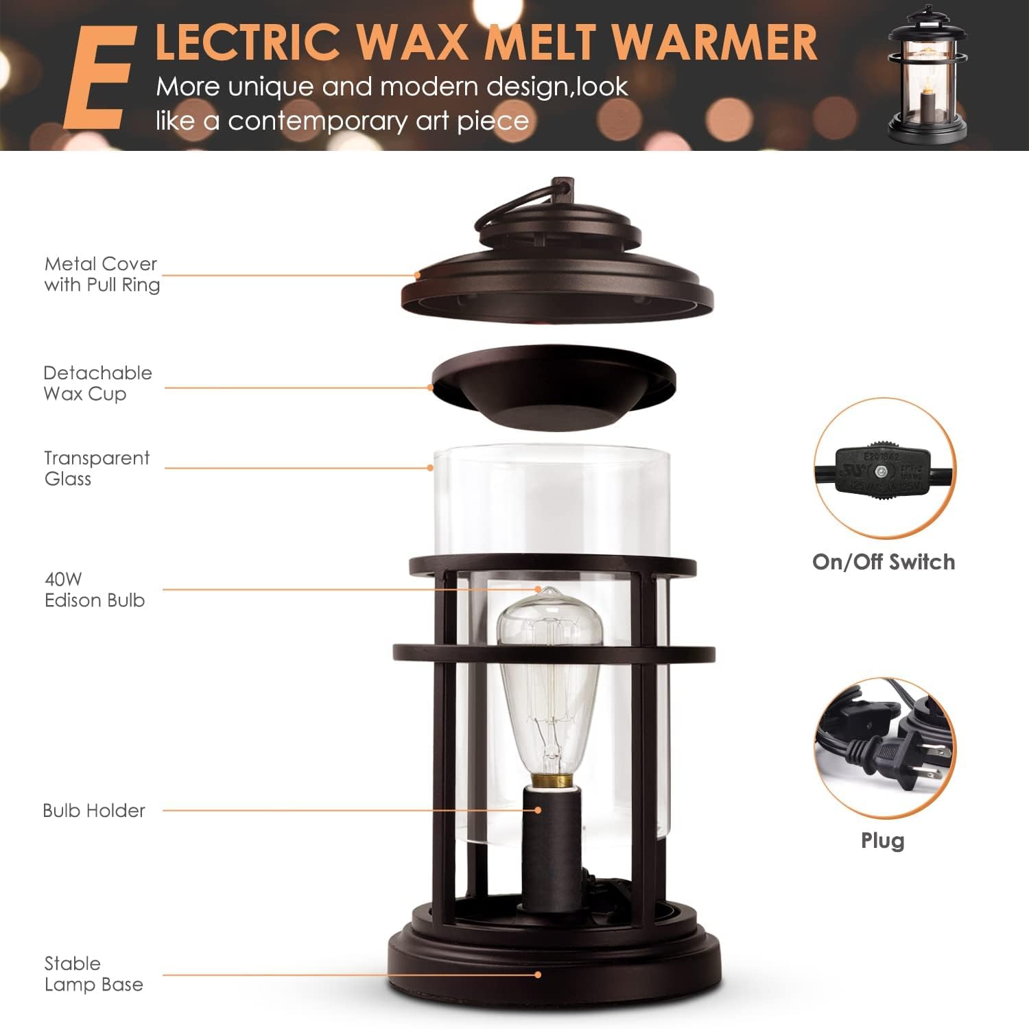 SALKING Electric Wax Warmer - Metal Wax Melt Warmer for Scented Wax,Candle Wax Burner Fragrance Warmer and 2 Edison Bulbs, Wax Melt Melter for Home Decor Office,Birthday Gifts for Women