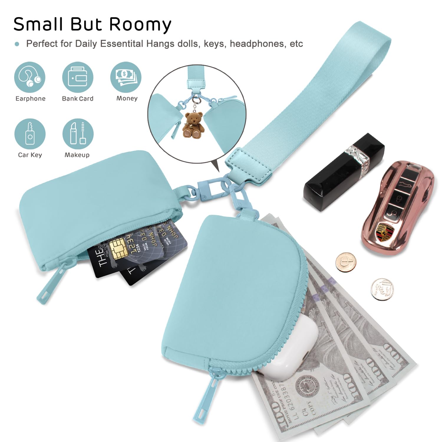Viverte Mini Zip Around Wristlet Wallets for Women Small Portable Dual Pouch Keychain Wristlet Wallet Preppy Things Cute Stuff Gifts for Teen Girls (Icing Blue)