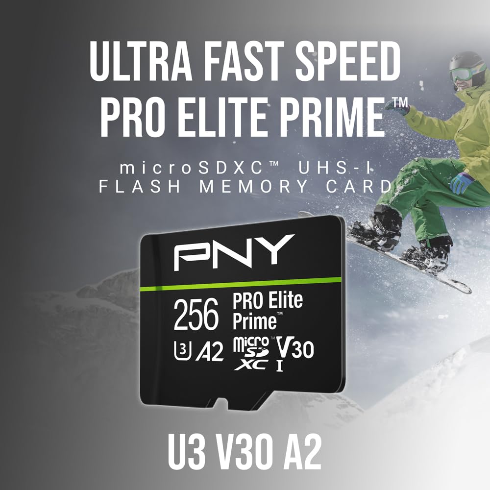 PNY 256GB PRO Elite Prime™ C10 U3 V30 A2 microSDXC Flash Memory Card – Ultra-Fast Speeds, Read 200MB/s, Write 150MB/s, 4K UHD, Full HD, UHS-I, for Smartphones, Drones, Action Cameras