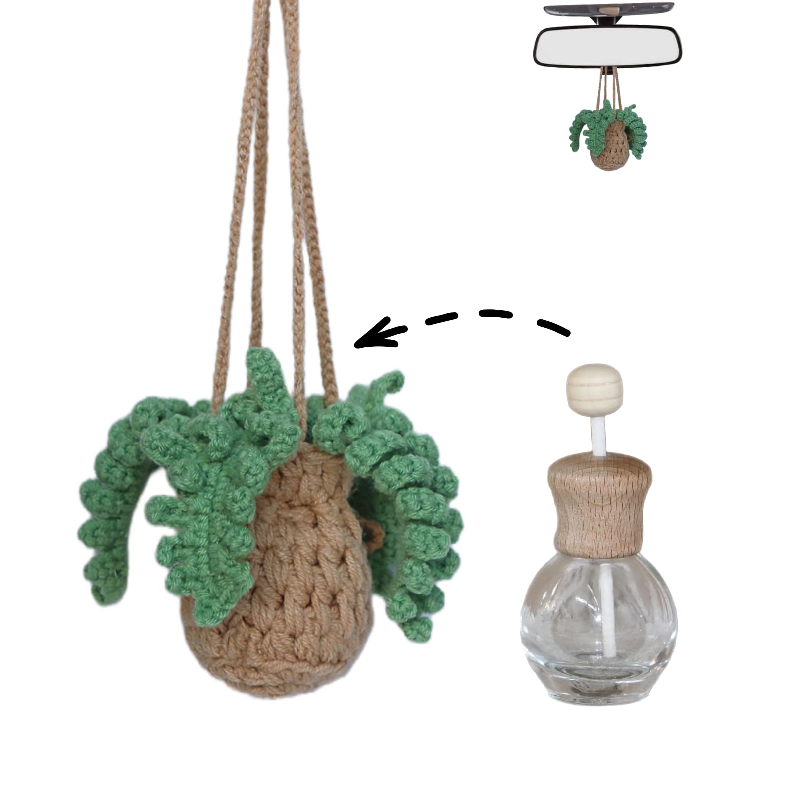 Crochet Car Air Freshener,12ml Empty Refillable Car Diffuser Bottle with Cute Potted Plants Car Mirror Hanging Accessories Car Air Hanging Fragrance Oil Diffuser,Long Lasting Car Diffuser Bottle