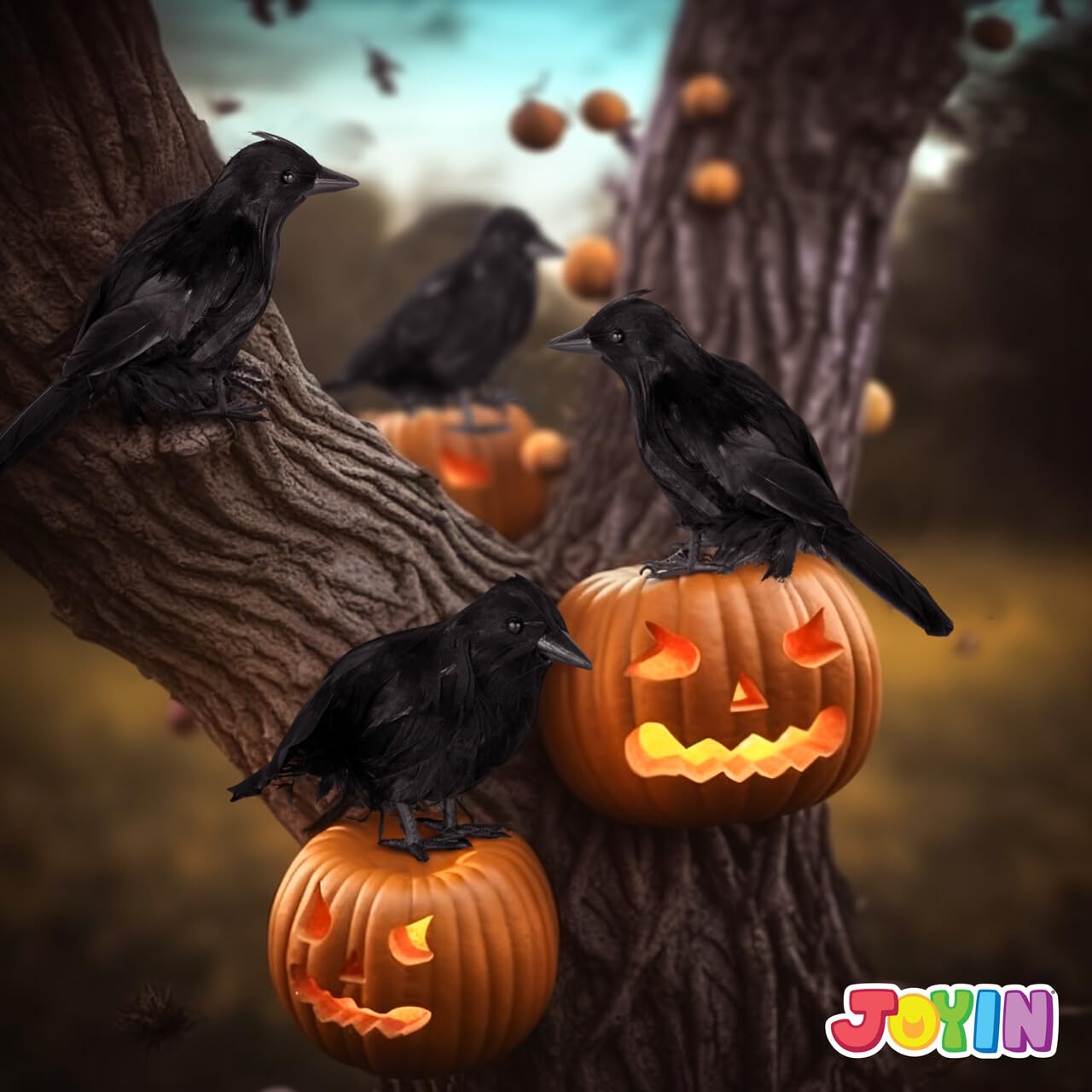 JOYIN 6 Pcs Crow Raven Halloween Decoration Indoor Outdoor Decor, Black Fake Crows Ravens Bird Props Haunted House Graveyard Cemetery Yard Table Decor Halloween Party Favors Desk Trees Walls Windows