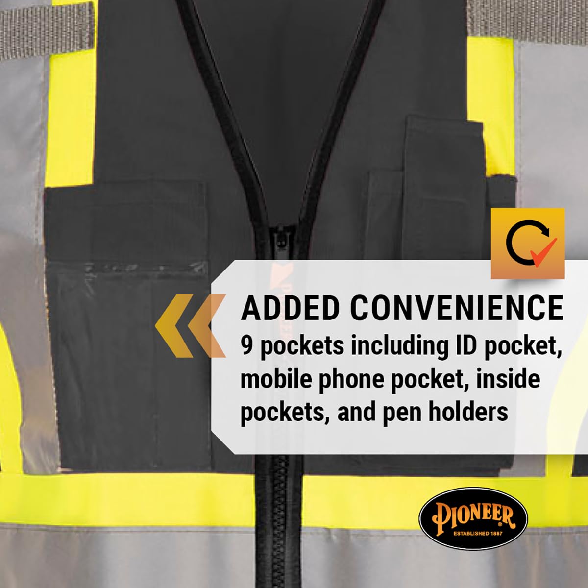 Pioneer Safety Vest for Women with Pockets - Hi-Vis Reflective Tape - for Construction - Black