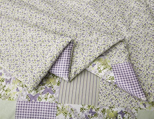 Chezmoi Collection Daisy 2-Piece Printed Patchwork Comforter Set - Purple Butterfly Botanical Candy Stripe Checkered - Microfiber Lightweight Reversible Bedding, Twin Size