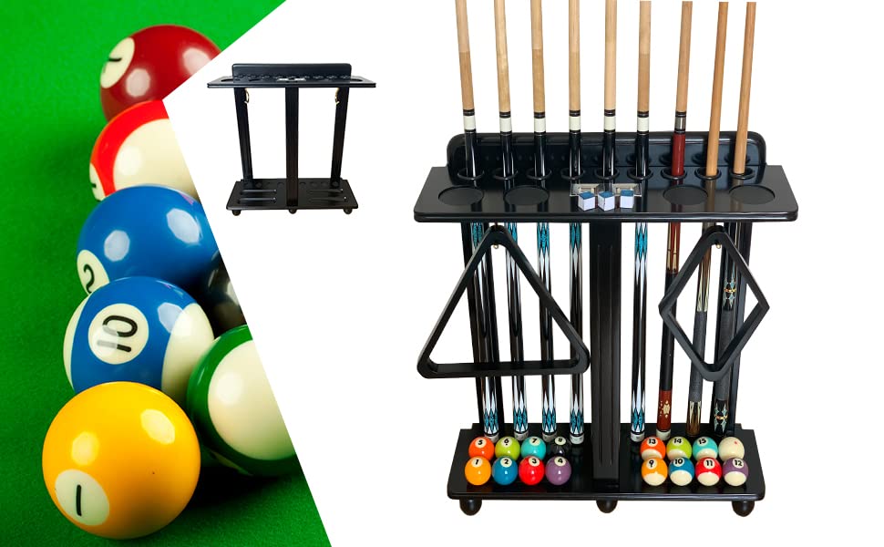 GACCO BILLIARDS Floor Pool Cue Rack Hold 9 Cue Sticks & Billiard Accessories. Corner Stand Pool Cue Holder Made of 100% Solid Hardwood with Billiard Scorer.CUE RACK ONLY (Black)