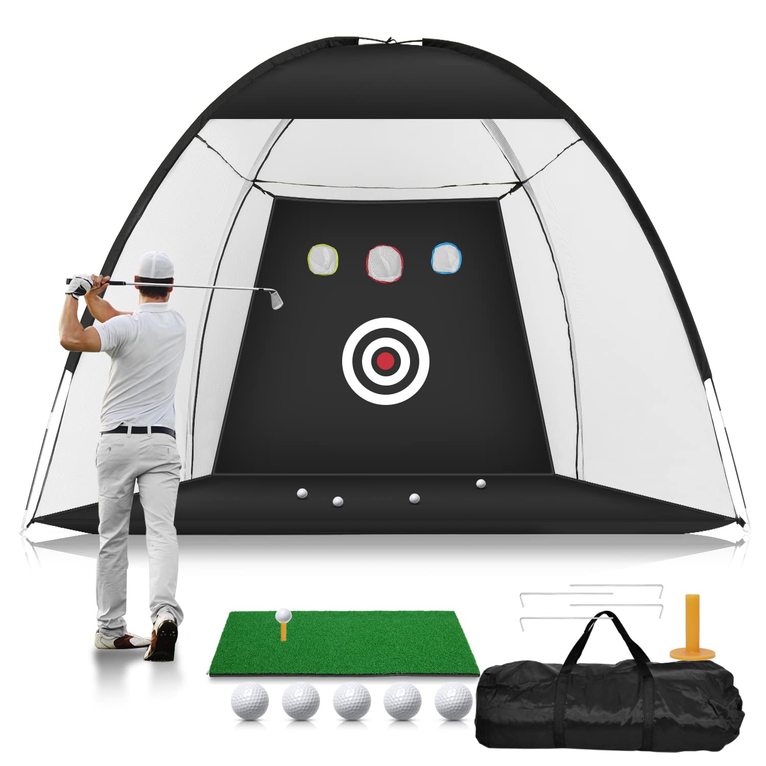 Golf Practice Net - 10x7ft Hitting Aid with Targets / 1 Mat / 5 Balls / 1 Tee / Bag - Men's Indoor/Outdoor Swing Trainer