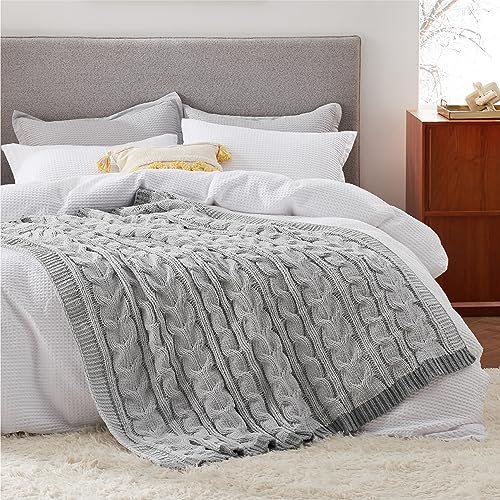Bedsure Cable Knitted Throw Blanket for Couch, Chenille Chunky Knit Throw Blanket - Soft and Cozy Beige Throw Blanket for Winter, Throw (50" x 60")