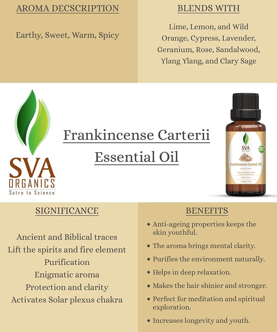 SVA Frankincense Essential Oil – 1/3 Fl Oz – 100% Natural Boswellia Carterii Oil - for Diffuser, Hair Care, Face, Skin Care, Aromatherapy, Scalp and Body Massage, Soap and Candle Making