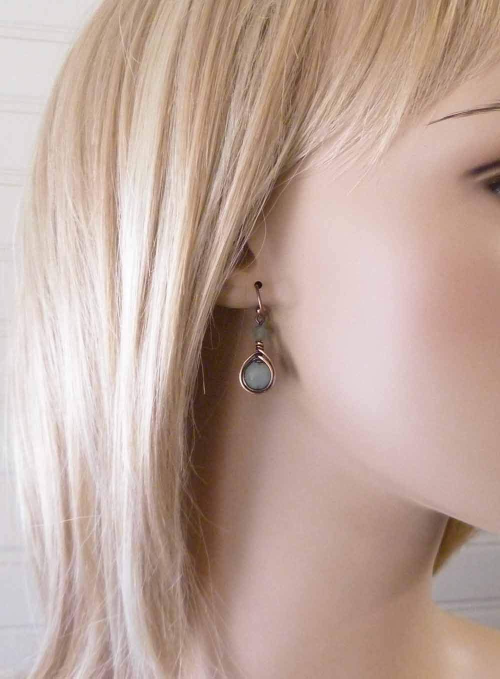 Pillar of Salt Studio Handcrafted Solid Copper Earrings with Green Aventurine Gemstone (Antiqued Copper, 1" drop)