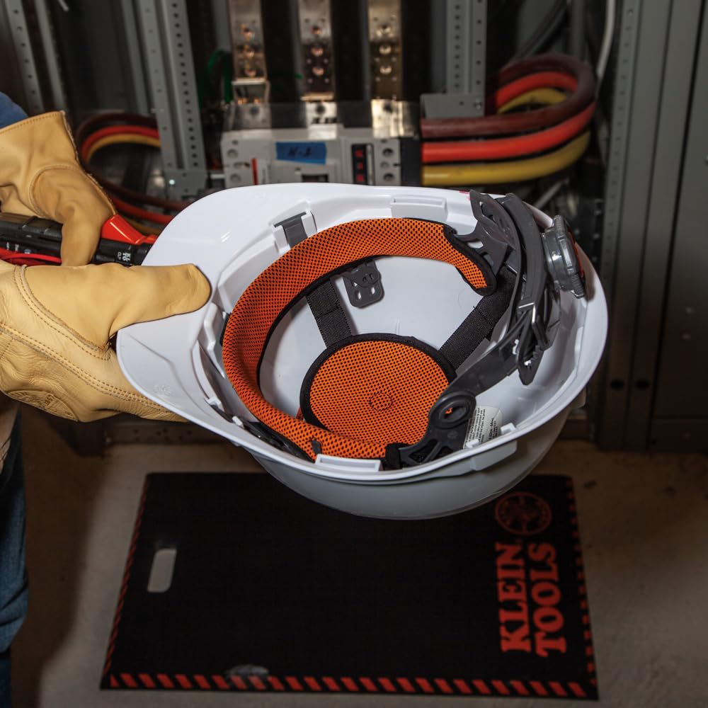 Klein Tools 60107 Hard Hat, Light, Non-Vented Cap Style, Padded, Self-Wicking Odor-Resistant Sweatband, Tested up to 20kV, White