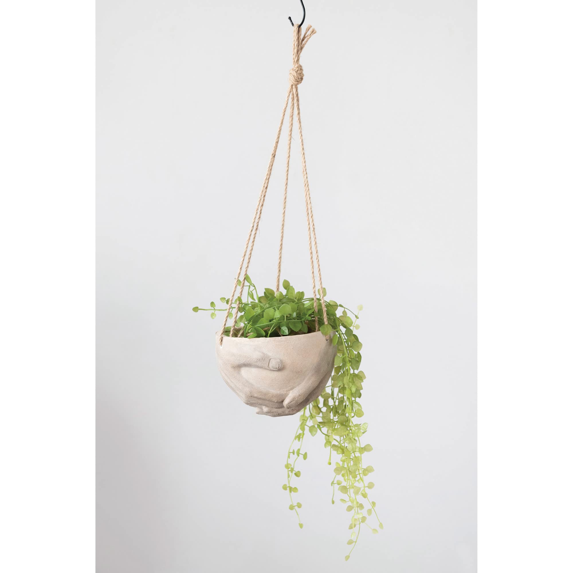 Creative Co-Op Hanging Resin and Cement Planter with Hands and Jute Hanger