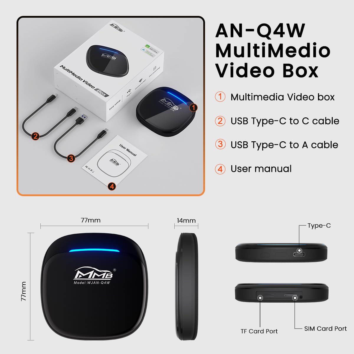 MMB MAX 5.0 CarPlay Box 2024 Newest Android 13.0 Multimedia Video Ai Box, QCM 6225 8-Core 8+128GB Online YouTube/Netflix/Google Store, Support SIM&TF Card Wireless CarPlay & Android Auto Adapter