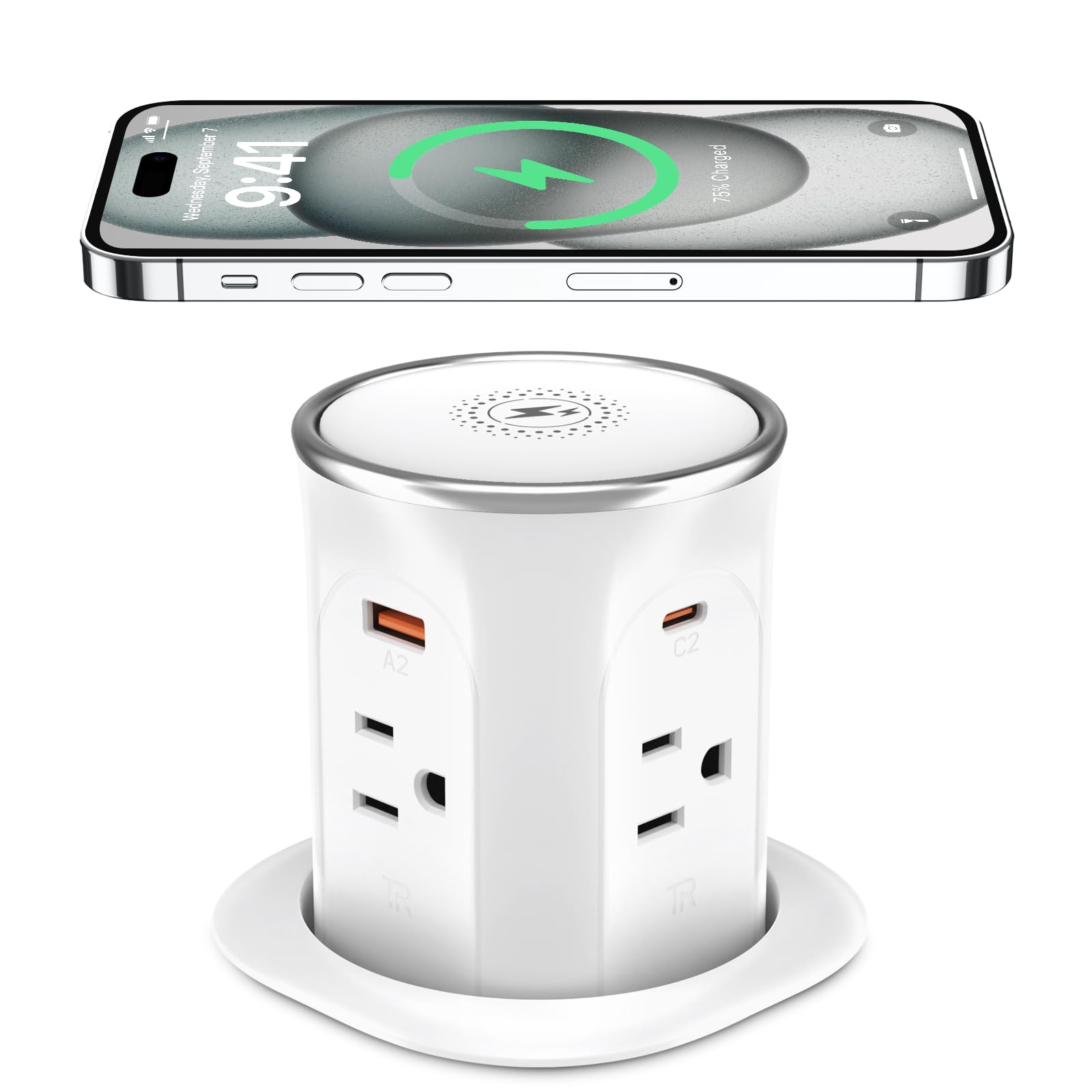 3.15in Pop Up Countertop Outlet with 15W Wireless Charger, Max 20W USB Power Delivery 15A Tamper Resistant, Desktop Mount Electrical Receptacle with 4 Outlets & 4 USB for Home Office