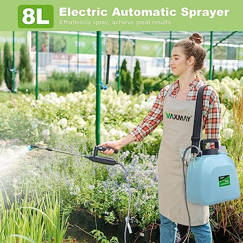Battery Powered Sprayer 2 Gallon, Upgrade Powerful Electric Sprayer with 3 Mist Nozzles, Rechargeable Handle, Retractable Wand, Garden Sprayer with Adjustable Shoulder Strap for Lawn,Garden,Cleaning