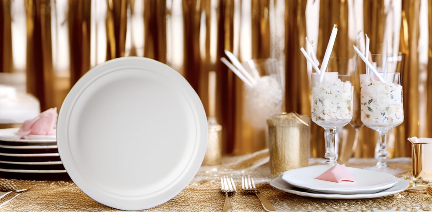 Susty Party 10-Inch Compostable Round (50-Count), Sugarcane Heavy Duty Disposable Biodegradable Plate for Dinner, White