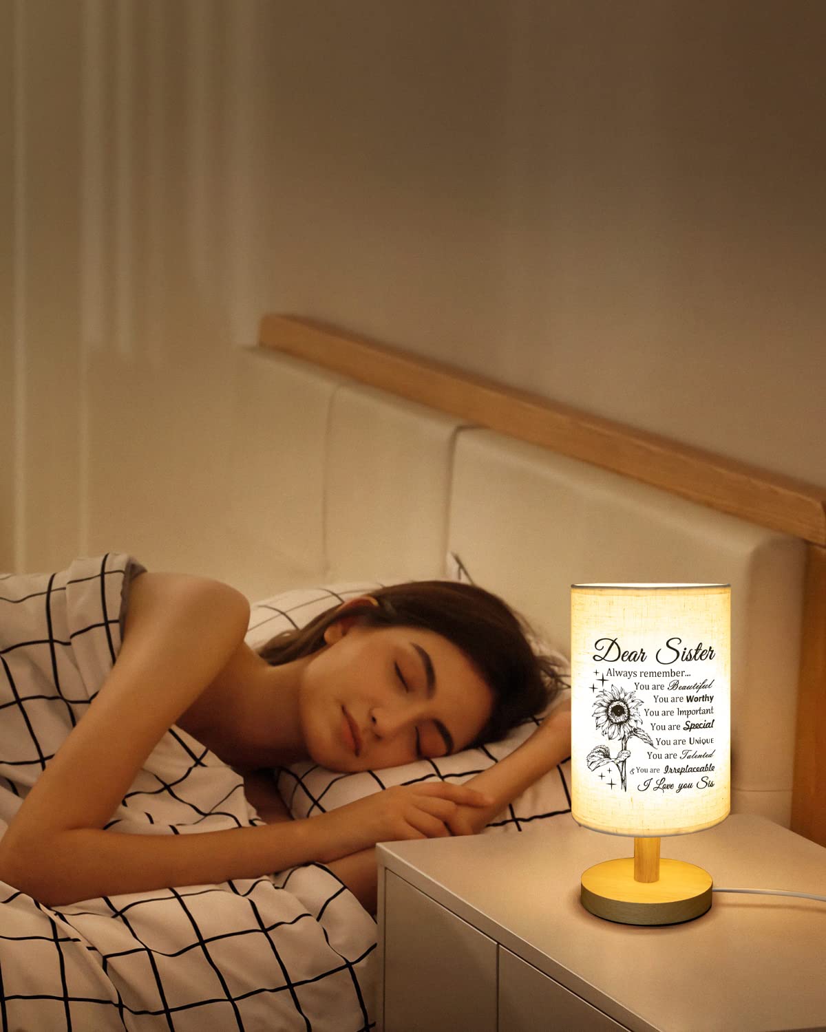 Calibron Sister Gifts, Sister Christmas Gifts Fabric Lamp, Christmas Gifts for Sister, Sister Birthday Gifts Table Lamp with Wooden Stand Anniversary Wedding Birthday Gifts for Sisters