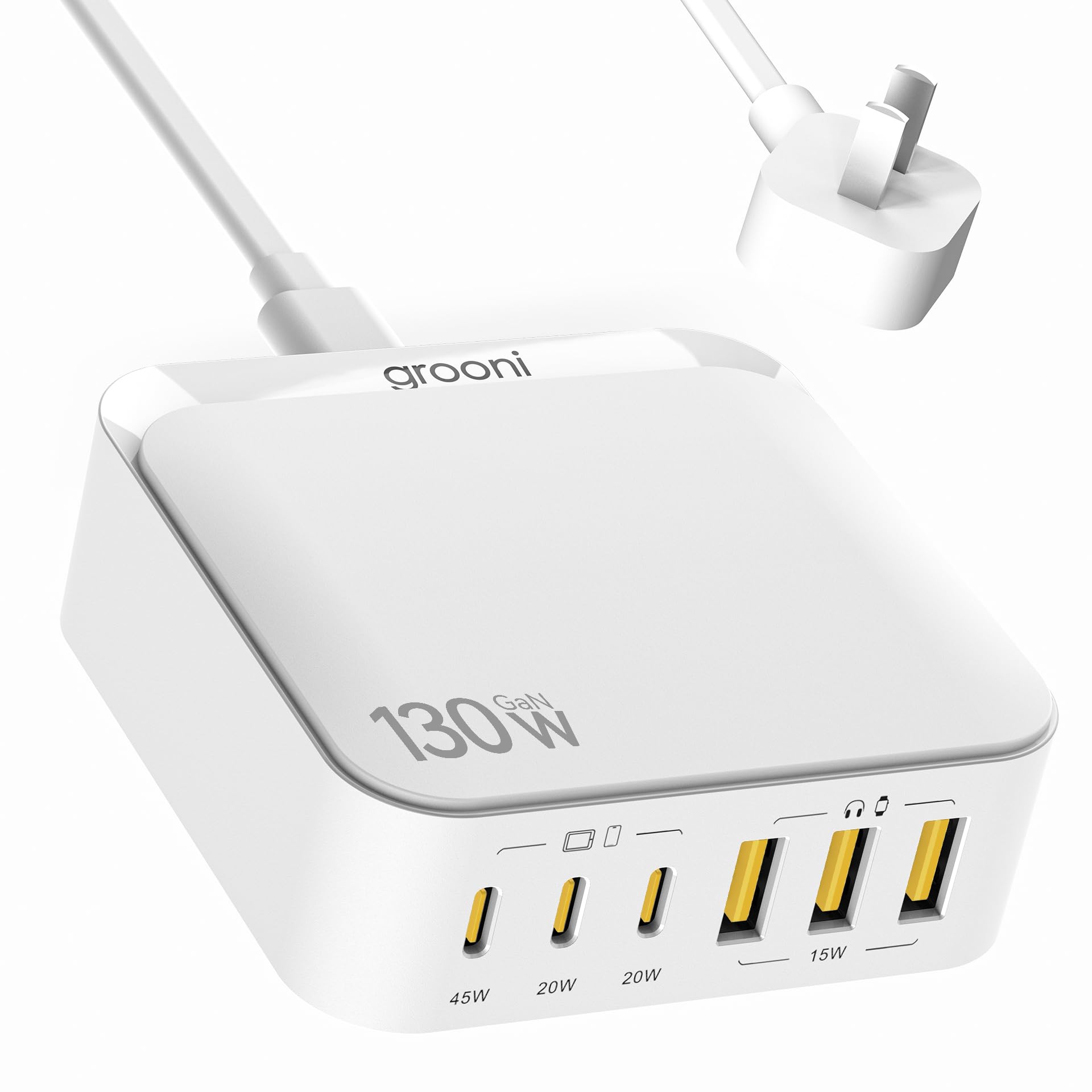 USB C Charger Block, 6 Ports Fast Wall Charger, 130W GaN III Charging Station with PD 45W, Dual PD 20W, 3 USB-A, 3 USB-C, QC, PPS, 6ft Cord, Compatible with iPhone, Galaxy, Pixel, MacBook air