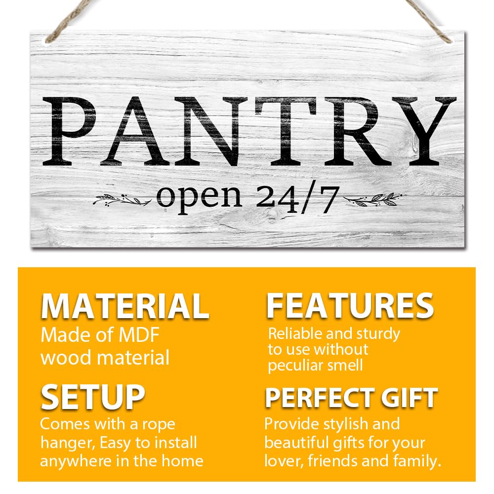 Hanging Pantry Room Sign Pantry Open 24/7 Wood Plaque Signs Wall Hanging for Farmhouse Home Restaurant Coffee Shop Decor, Kitchen Pantry Signs Wall Decor 11.8 x 5.9 Inches - JY783