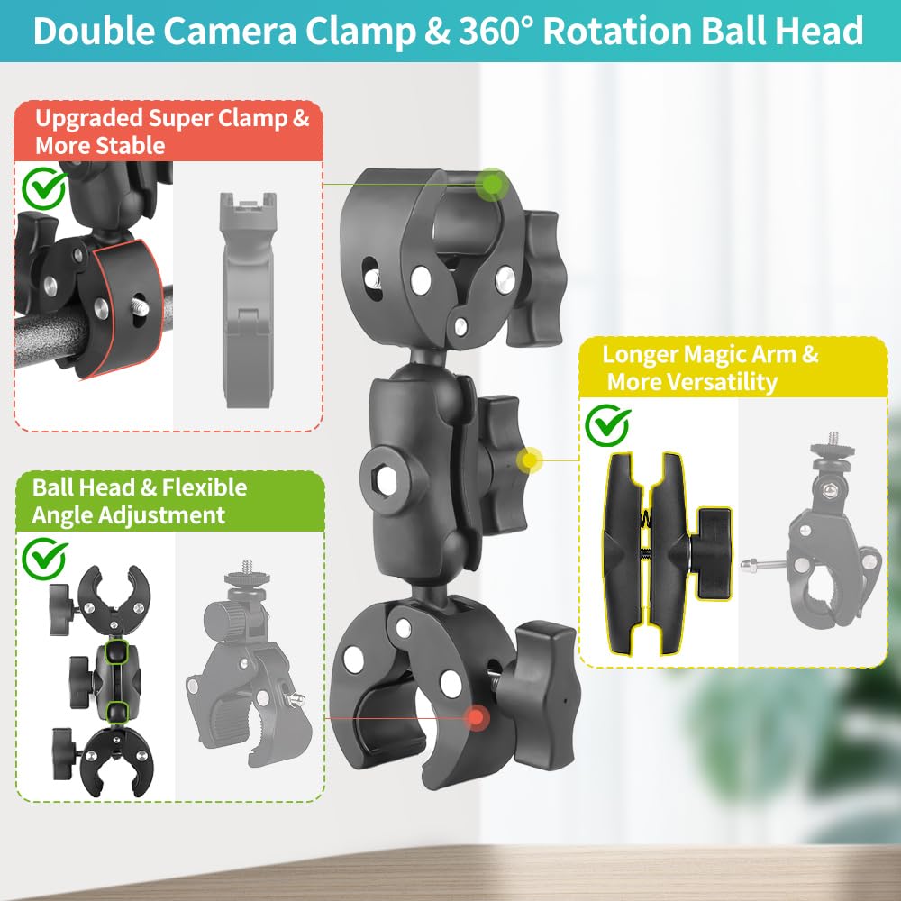 JEBUTU Double Mount Clamp Camera Bracket for Umbrella Chair Pole Boat, Double Super Clamp Camera Mount for Stroller Photography Reflector Tripod Table