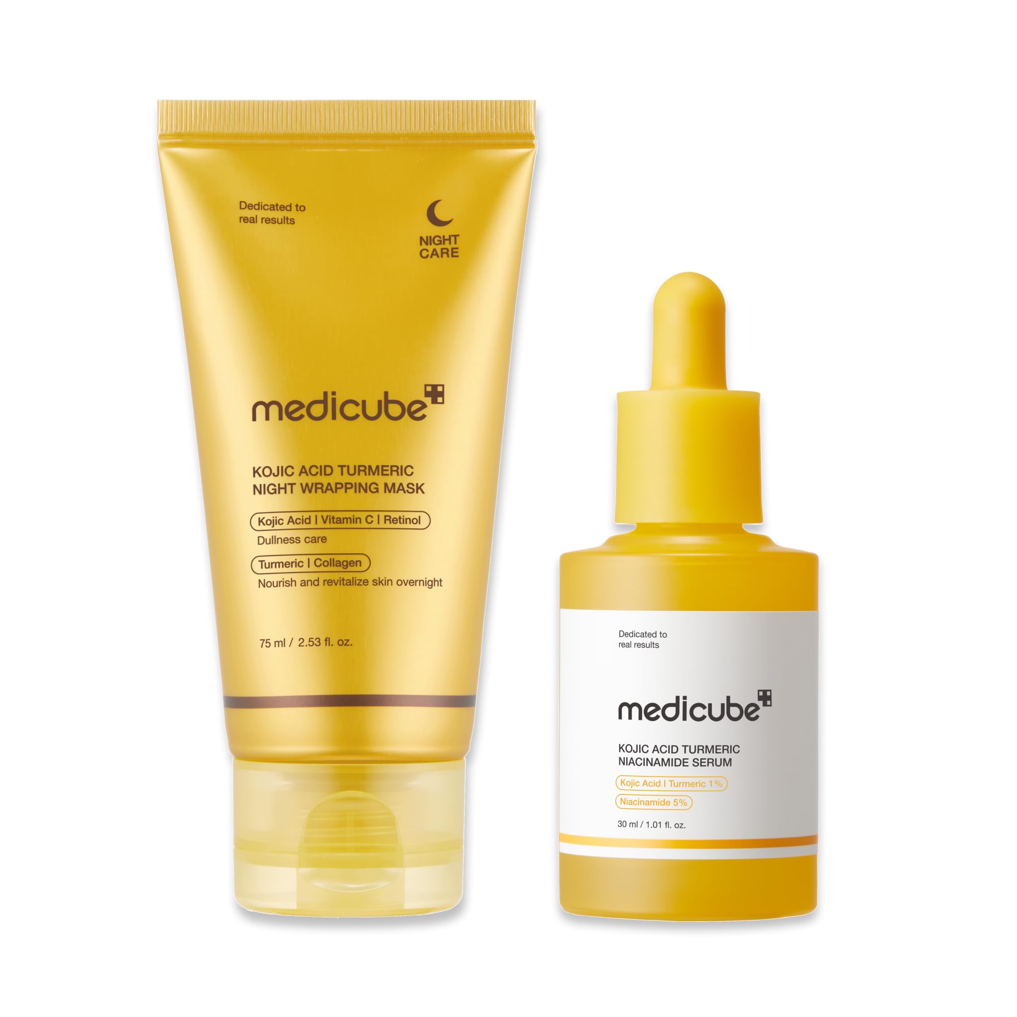 medicube Kojic Acid Overnight Care & Nourish Duo for Troubled Skin: Kojic Acid Turmeric Overnight Wrapping Peel Off Mask and Kojic Acid Turmeric Clarifying & Balancing Capsule Serum