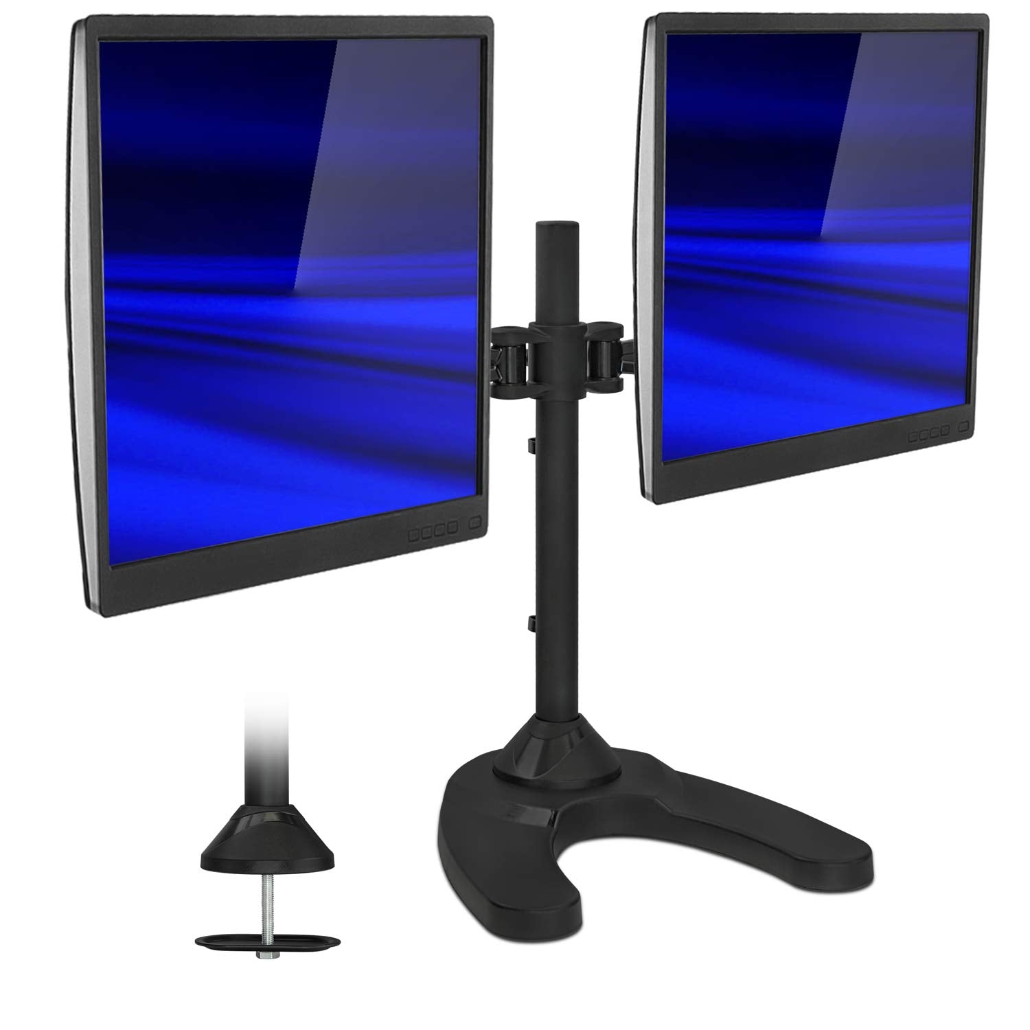 Mount-It! Free Standing Dual Monitor Stand | Double Arm Desk Mount Fits Two x 21 24 27 Inch Computer Screens | 2 Heavy Duty Full Motion Adjustable Arms | VESA 75 100 Compatible | Grommet Base Included