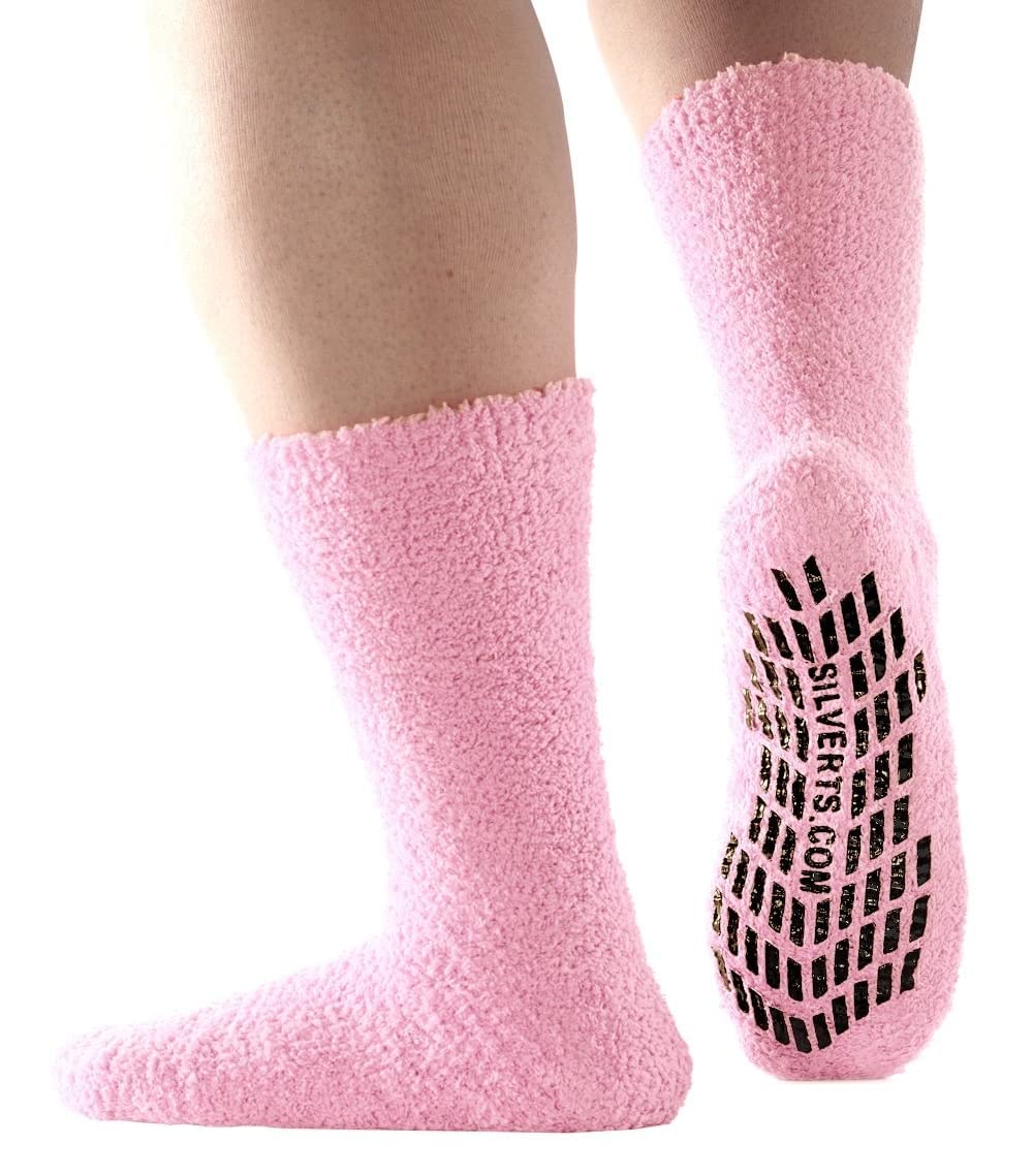 Silverts Men’s and Women’s Diabetic Gripper Non Skid Hospital Slipper Socks for Seniors - Adaptive Clothing Gift for Elderly - Soft Warm Fuzzy Grip Slip Resistant - Baby Pink, XL