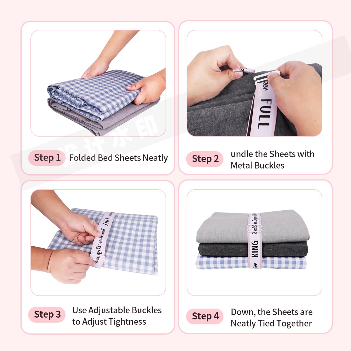 kgalvgcy Upgraded Bed Sheet Organizer Bands 4pcs, Adjustable Bed Sheet Organizers and Storage Label Bands, Elastic Linen Labels for Bed Sheet Sets (King, Queen, Twin, Full)