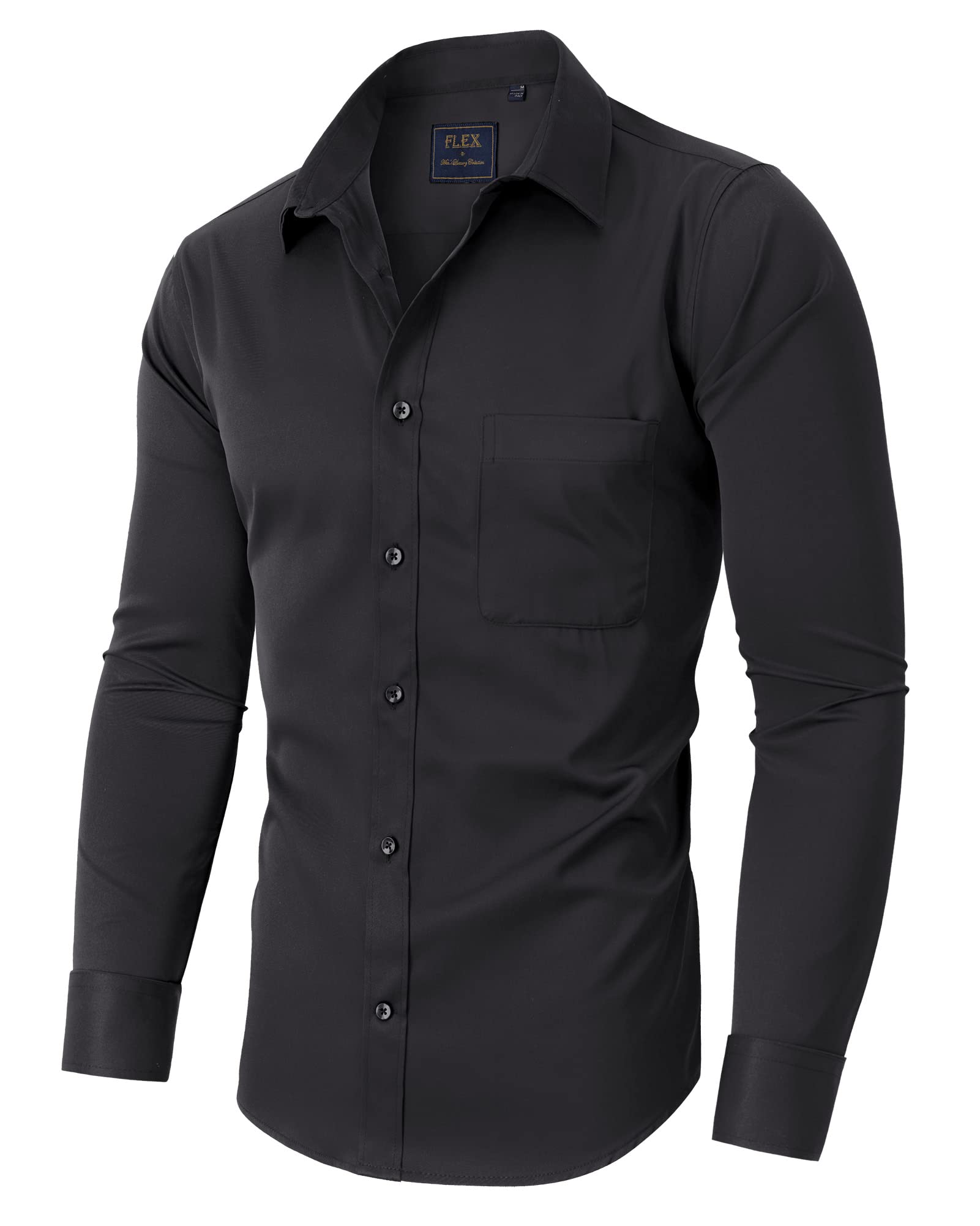 Alimens & Gentle Men's Dress Shirts Long Sleeve Stretch Wrinkle-Free Solid Formal Button Down Shirt with Pocket(Black, Large Tall