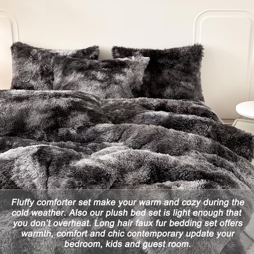 WINLIFE Shaggy Comforter Set Twin Grey for Boys Teens Faux Fur Bedding Sets Flannel Furry Comforter Plush Comforter Sets Gradient Ombre Tie Dye Bed Sets (3Pcs, Twin, Dark Grey)