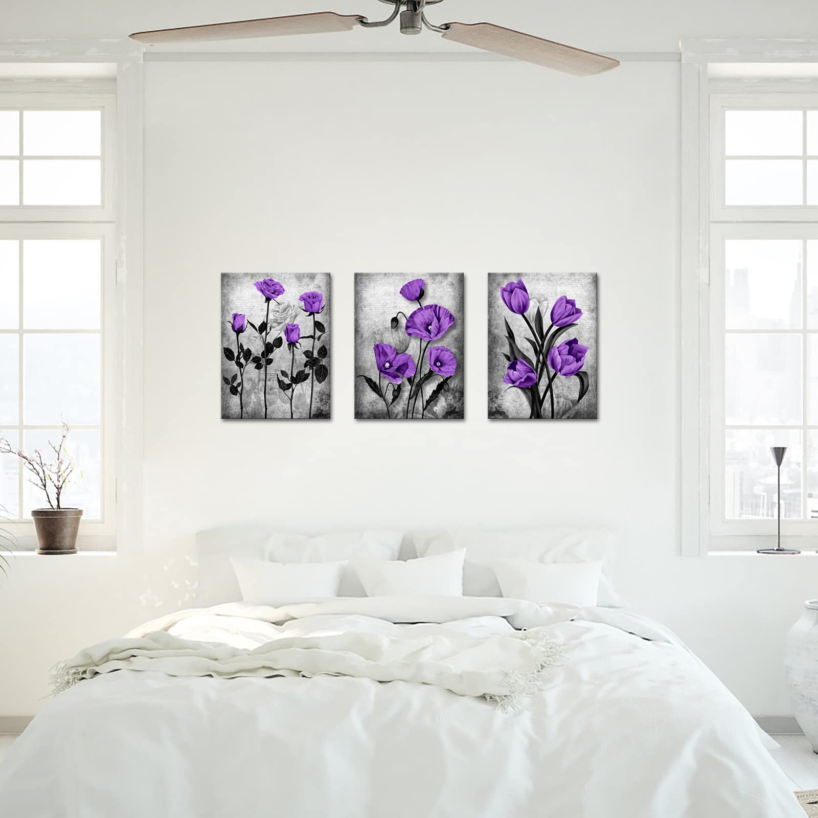 DuoBaorom Purple Grey Rose Painting Poppy Wall Art Tulip Floral Cnvas Print Bedroom Decor Flower Set of 3 Panel