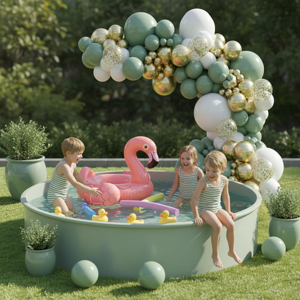 Balloon Garland Arch Kit Sage Green, White, Metallic Gold & Confetti Balloons & White Boxes with Sage-Green, Gold, Gold Confetti, and White Balloons