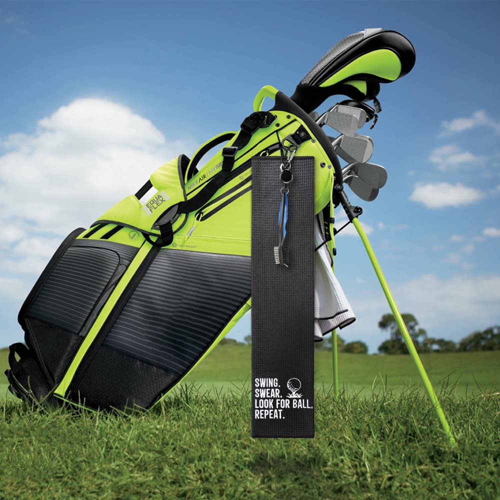 GEYGIE Swing Swear Look for Ball Embroidered Golf Towels with Clip and Golf Brush with Retractable Extension Cord, Funny Golf Towel Gifts and Golf Accessories Set for Men Women Golfers Golf Fan