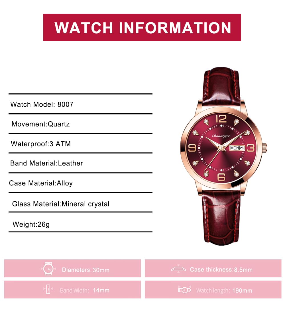BESTKANG Leather Women Watches Ladies Dress Analog Quartz Date Classic Luminous Leather Strap 3ATM Waterproof Female Wrist Watch (Wine red)