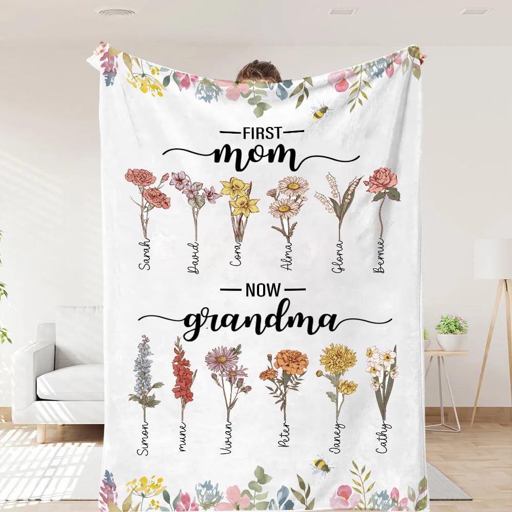 Pofily First Mom Now Grandma Birth Flowers Blanket, Personalized, Mom Grandma Blanket Gift for Mom Gift for Grandma, Mom Blanket, Grandma Blanket