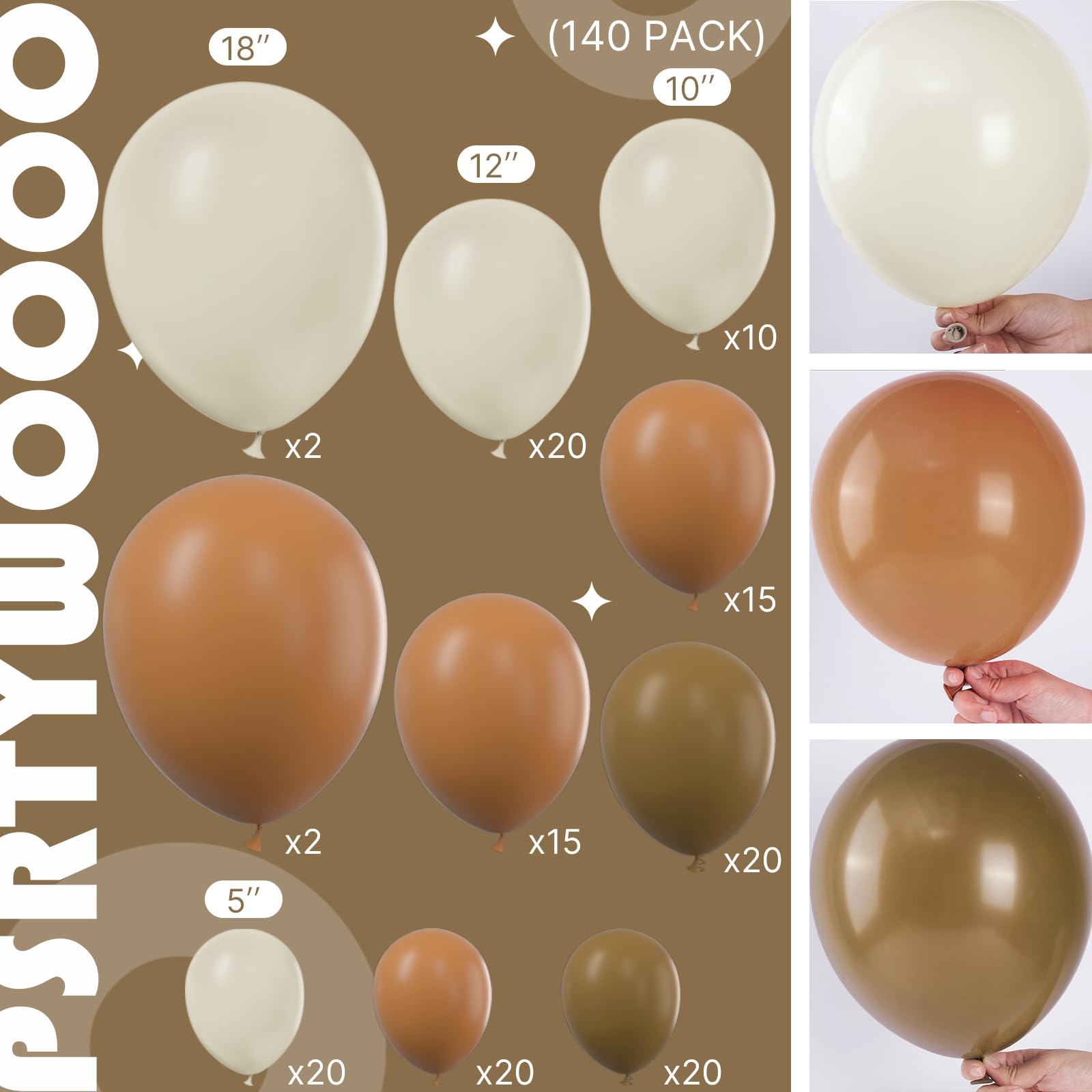 PartyWoo Boho Brown Balloons, 140 pcs Boho Brown and White Sand Balloons Different Sizes Pack of 18 Inch 12 Inch 10 Inch 5 Inch for Balloon Garland or Arch as Birthday Decorations, Party Decorations
