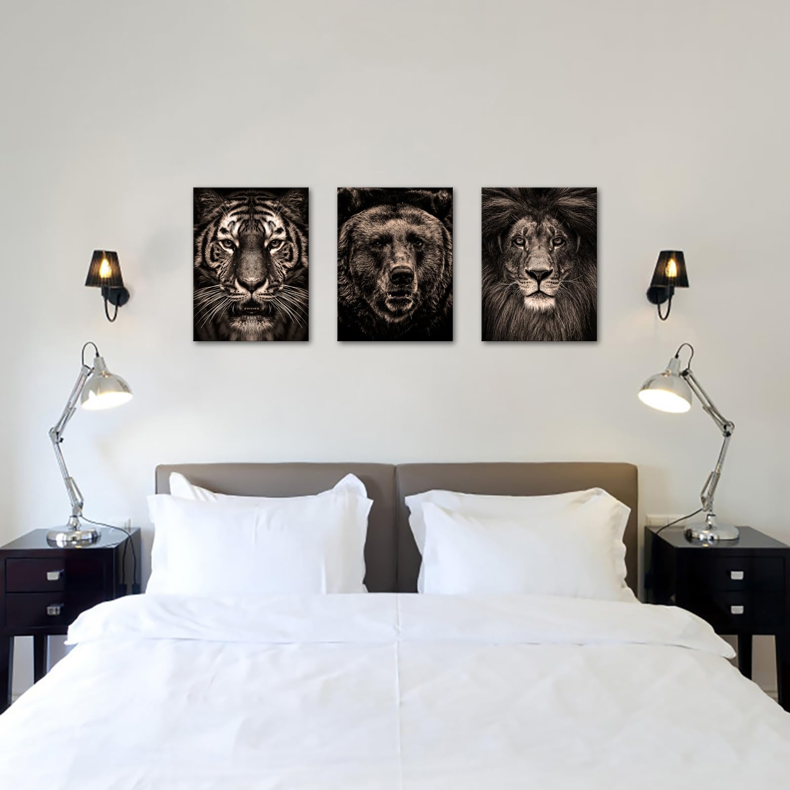 OuElegent Black and Beige Wildlife Canvas Wall Art Animal Tiger Bear Lion Portrait Picture Poster Artwork for Home Living Room Bedroom Office Wall Decoration 12"x16"x3pcs