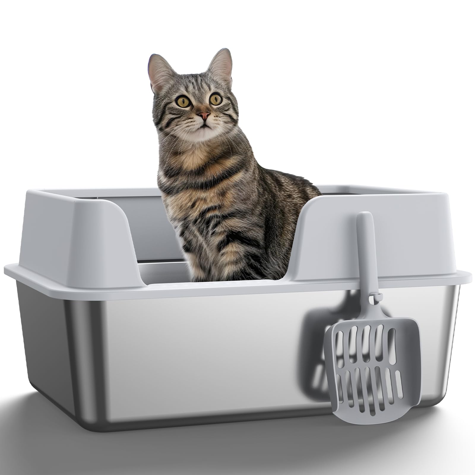 Stainless Steel Cat Litter Box with Lid, NAUGHTYTRIBE Covered Litter Box for Cats Metal Litter Pan Tray with High Wall Sides Enclosure, Anti-Leakage, Include Litter Scoop, Size:19.5"x13.6"x9.5"