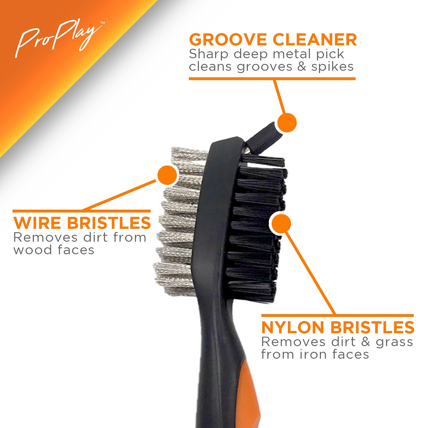 ProPlay Golf Club Brush and Groove Cleaner | Retractable Zip-line Aluminum Carabiner | Lightweight and Ergonomic Design | Easily Attaches to Golf Bag (Orange)