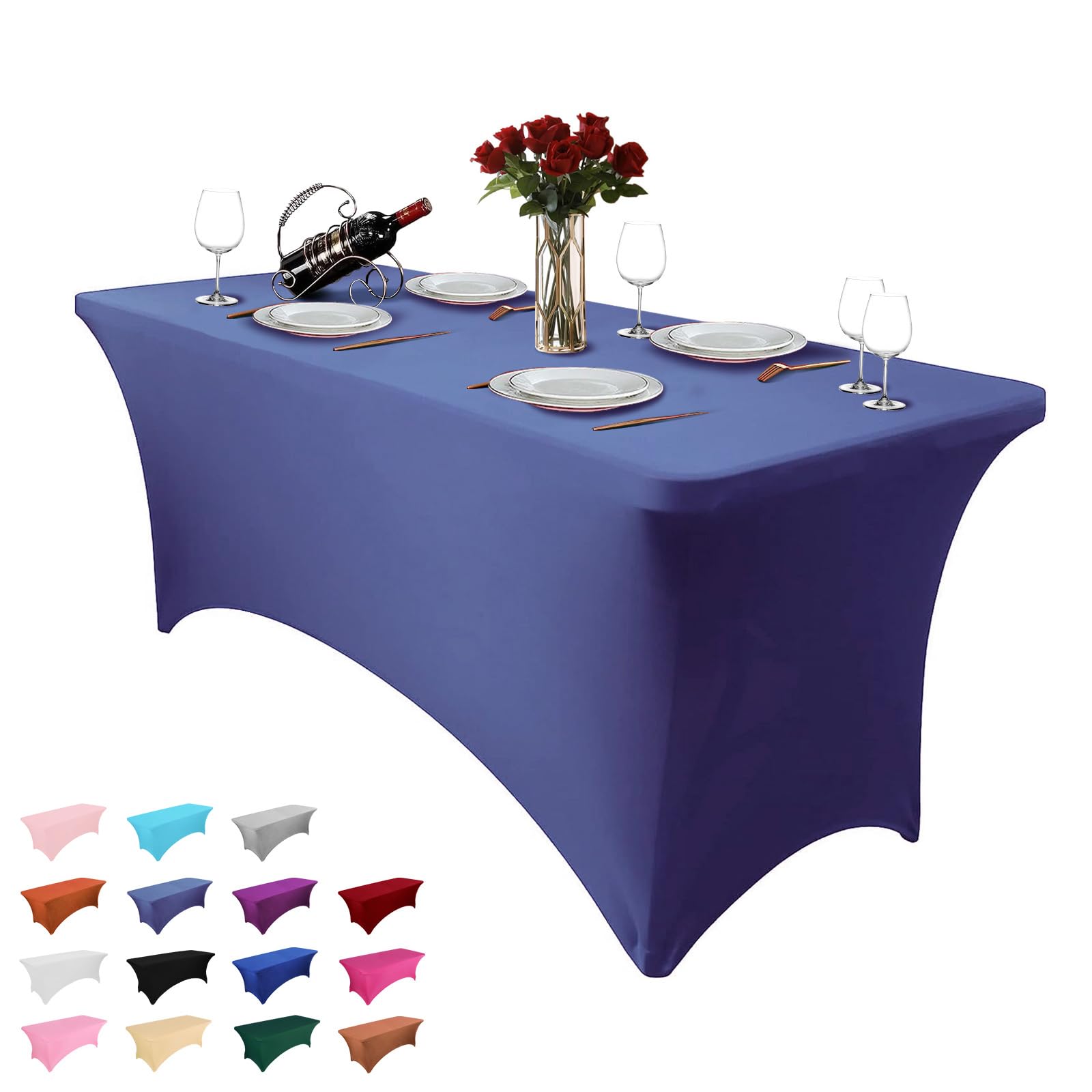 Hussome 8FT Table Cloth for Rectangle Table Blue Tablecloth Rectangular Fitted Stretch Spandex Table Covers 8 ft for Birthday, Cocktail, Wedding, Banquet Spring Summer Outdoor Party