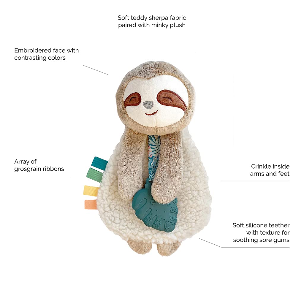 Itzy Ritzy - Itzy Lovey Including Teether - Baby Lovey with Teether, Textured Ribbons & Dangle Arms - Features Crinkle Sound, Sherpa Fabric and Minky Plush (Sloth)