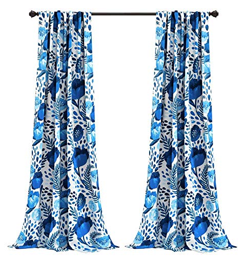 Lush Decor x 52", Blue Poppy Garden Curtains Light Filtering Window Set for Living, Dining, Bedroom, 84 in L Panel Pair