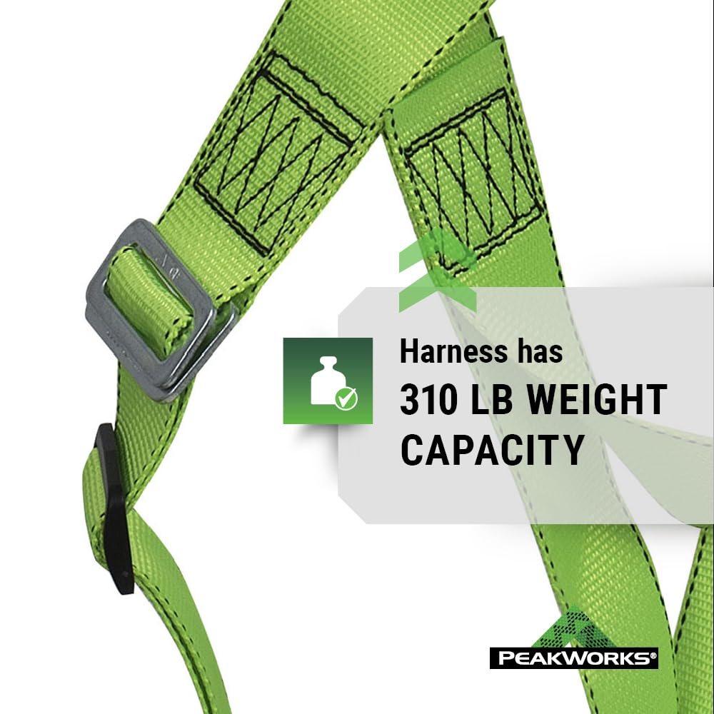 PeakWorks Safety Harness Fall Protection – Full Body, ANSI OSHA Compliant, Adjustable, Hi Vis, 3 Point System with Fall Indicator, D Ring - Green