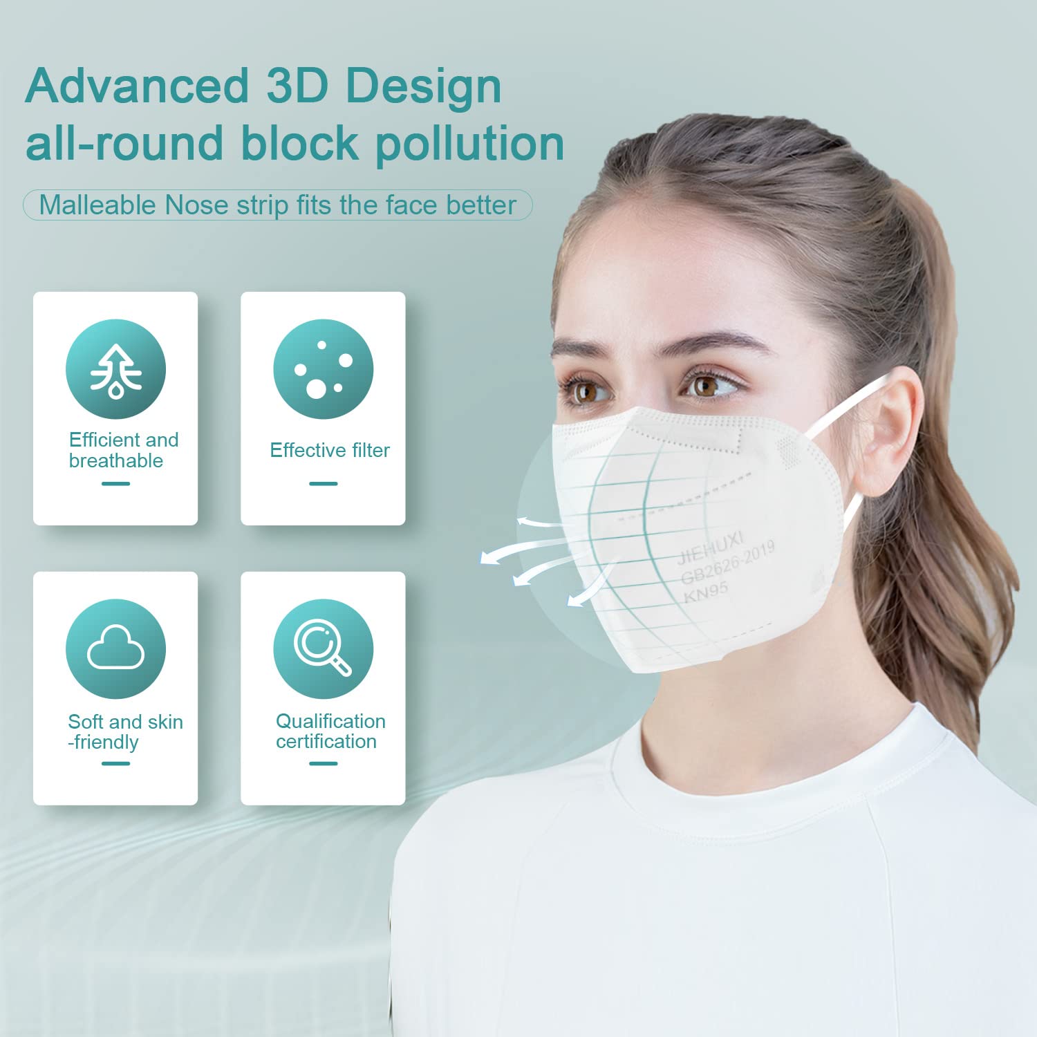 Jiehuxi KN95 Face Masks White 20 PCS Individually Wrapped Disposable Breathable 5-Layer Protection Cup Dust Mask