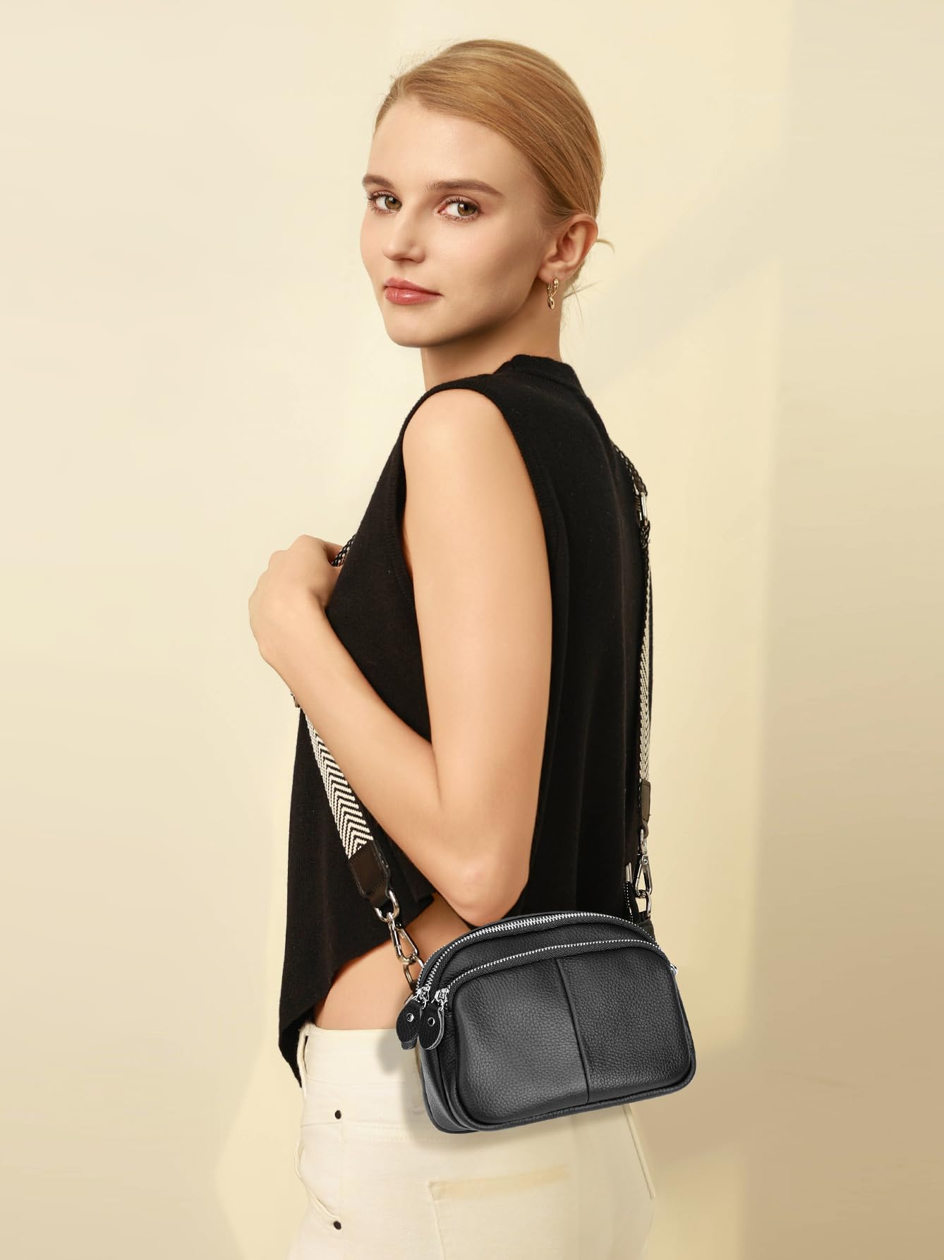 befen Black Small Genuine Leather Triple Zip Genuine Leather Camera Crossbody Bags for Women,Cell Phone Purse Shoulder Handbags with Credit Card Slots