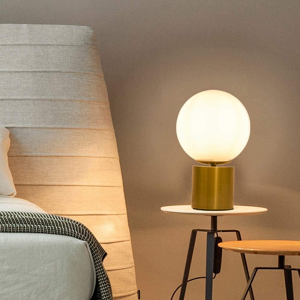 SOTTAE 11 Inch Modern Gold Globe Table Desk Lamp,Vintage Mid Century Round Table Lamp with White Glass Shade Metal Base for Bedroom Bedside Lamp Living Room End Table